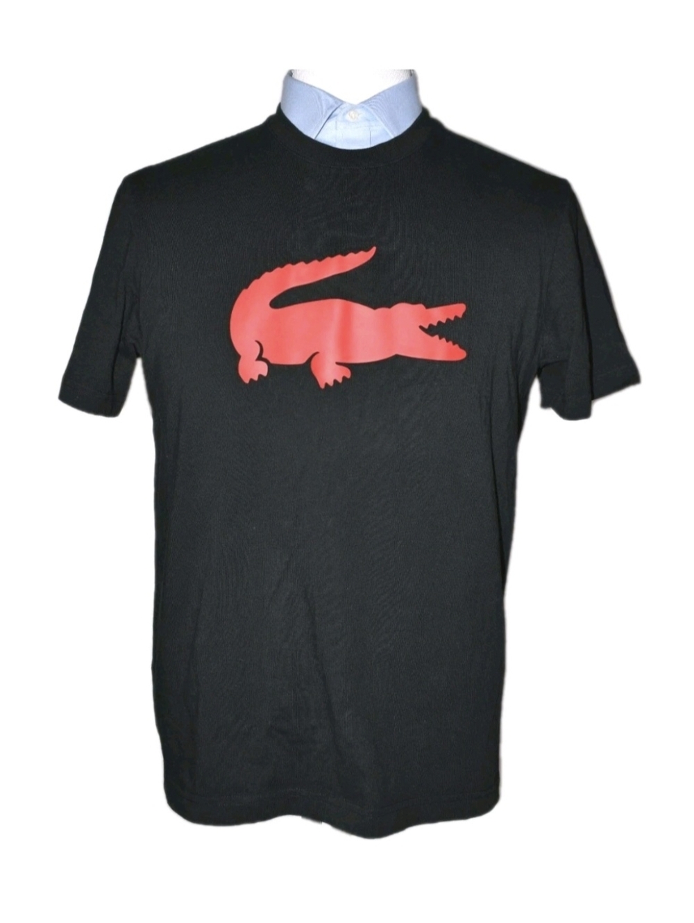 Lacoste Black T-Shirt 3D Rubber Red Crocodile Logo Bold Chest Design US L